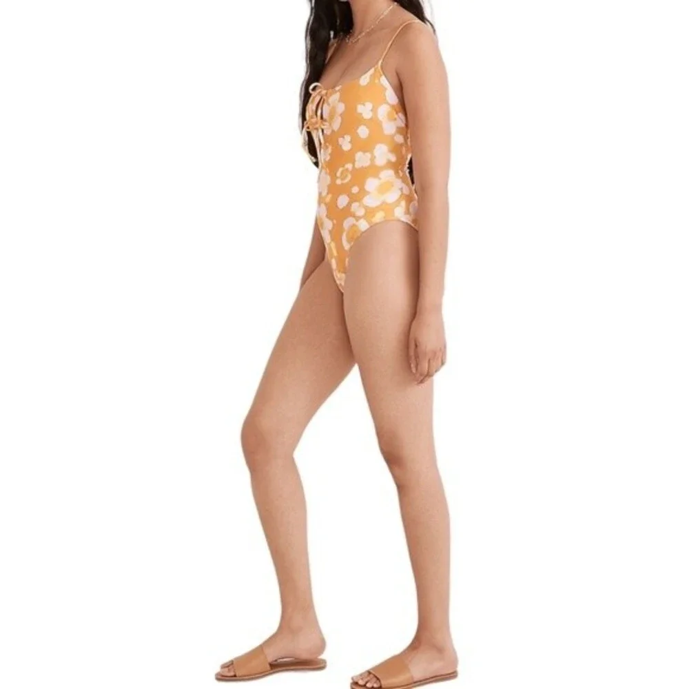 Madewell Yellow Floral Lace-Up One-Piece Swimsuit